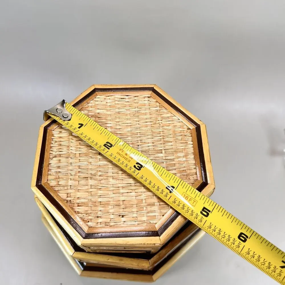 Vintage Bamboo Wicker Hexagon 3 Nesting Jewelry Trinket Boxes- EUC